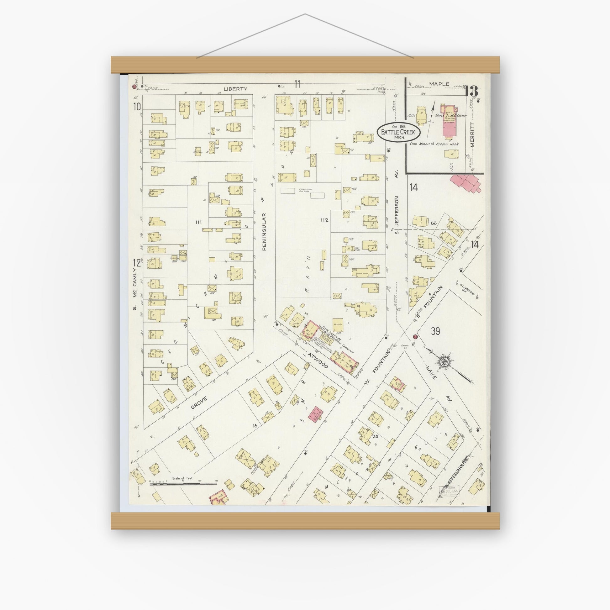 Old map wall art mockup — magnetic wood frame on white wall — Sanborn Fire Insurance Map from Battle Creek, Calhoun County, Michigan (1913), Sheet #0013