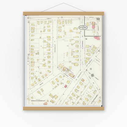 Old map wall art mockup — magnetic wood frame on white wall — Sanborn Fire Insurance Map from Battle Creek, Calhoun County, Michigan (1913), Sheet #0013
