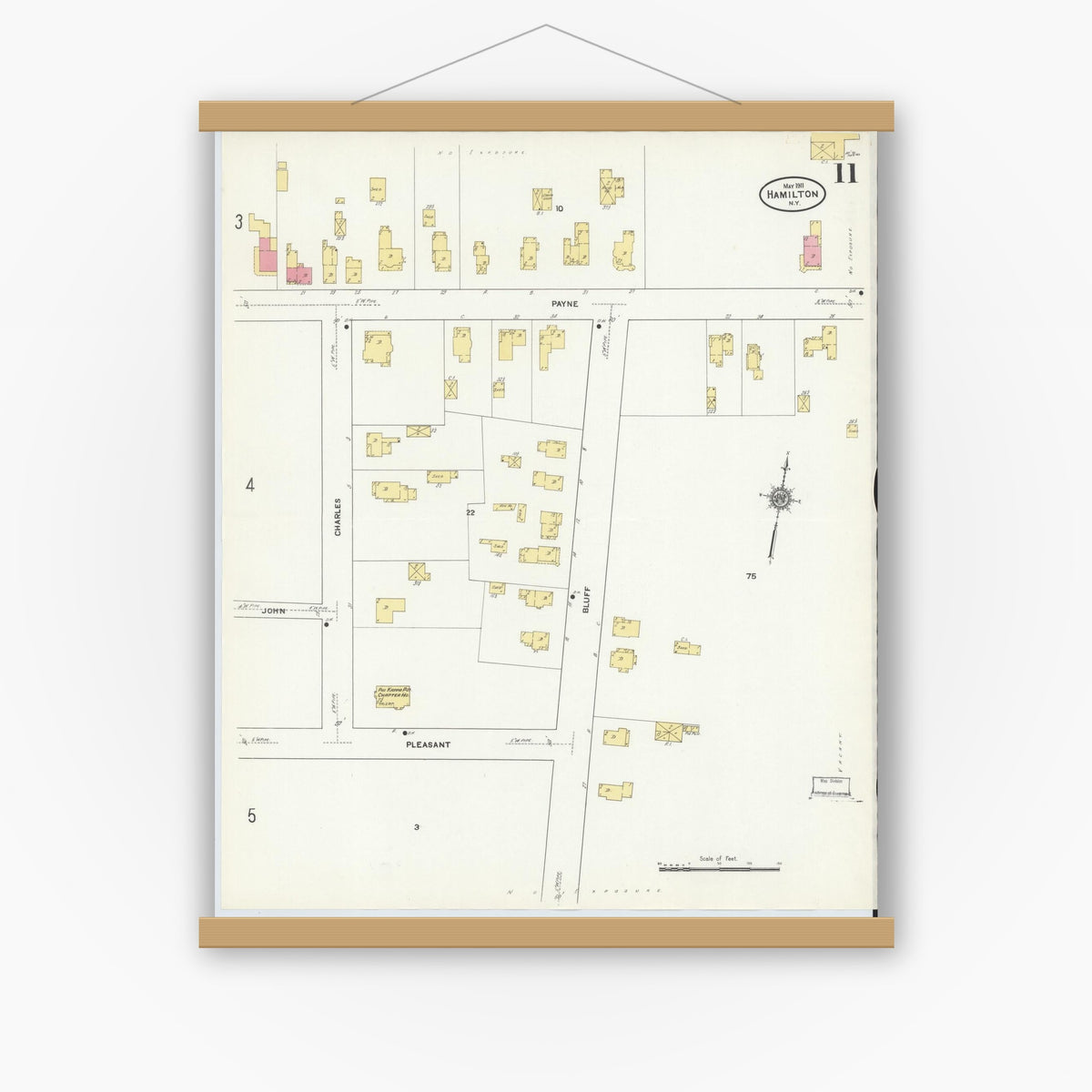 Old map wall art mockup — magnetic wood frame on white wall — Sanborn Fire Insurance Map from Hamilton, Madison County, New York (1911), Sheet #0011