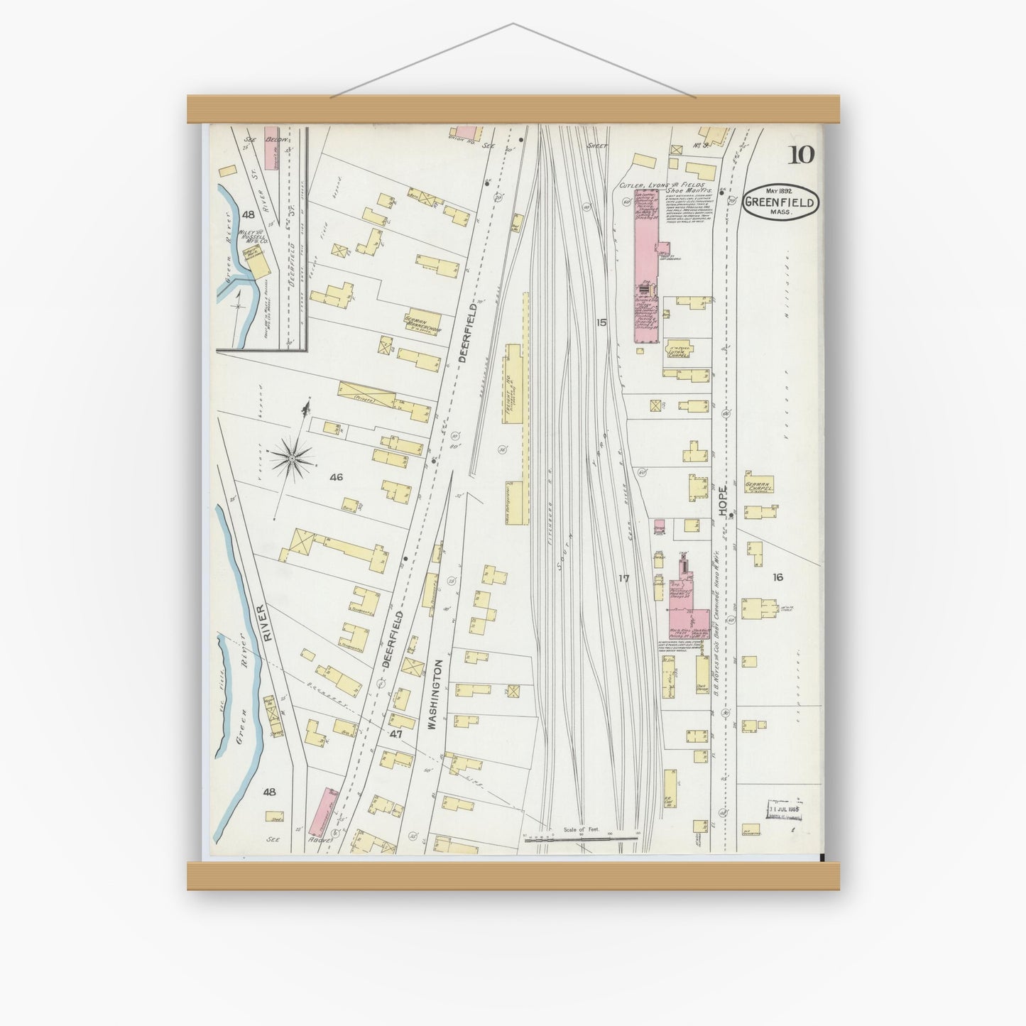 Old map wall art mockup — magnetic wood frame on white wall — Sanborn Fire Insurance Map from Greenfield, Franklin County, Massachusetts (1892), Sheet #0010