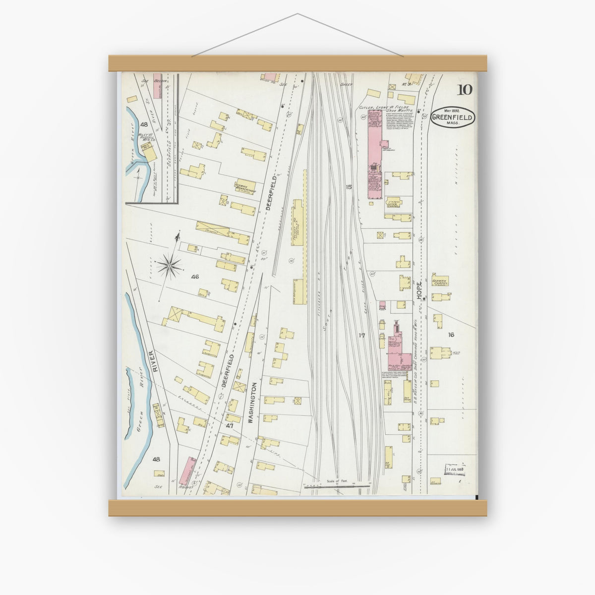 Old map wall art mockup — magnetic wood frame on white wall — Sanborn Fire Insurance Map from Greenfield, Franklin County, Massachusetts (1892), Sheet #0010