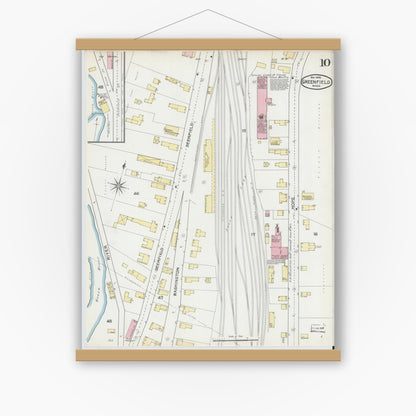 Old map wall art mockup — magnetic wood frame on white wall — Sanborn Fire Insurance Map from Greenfield, Franklin County, Massachusetts (1892), Sheet #0010