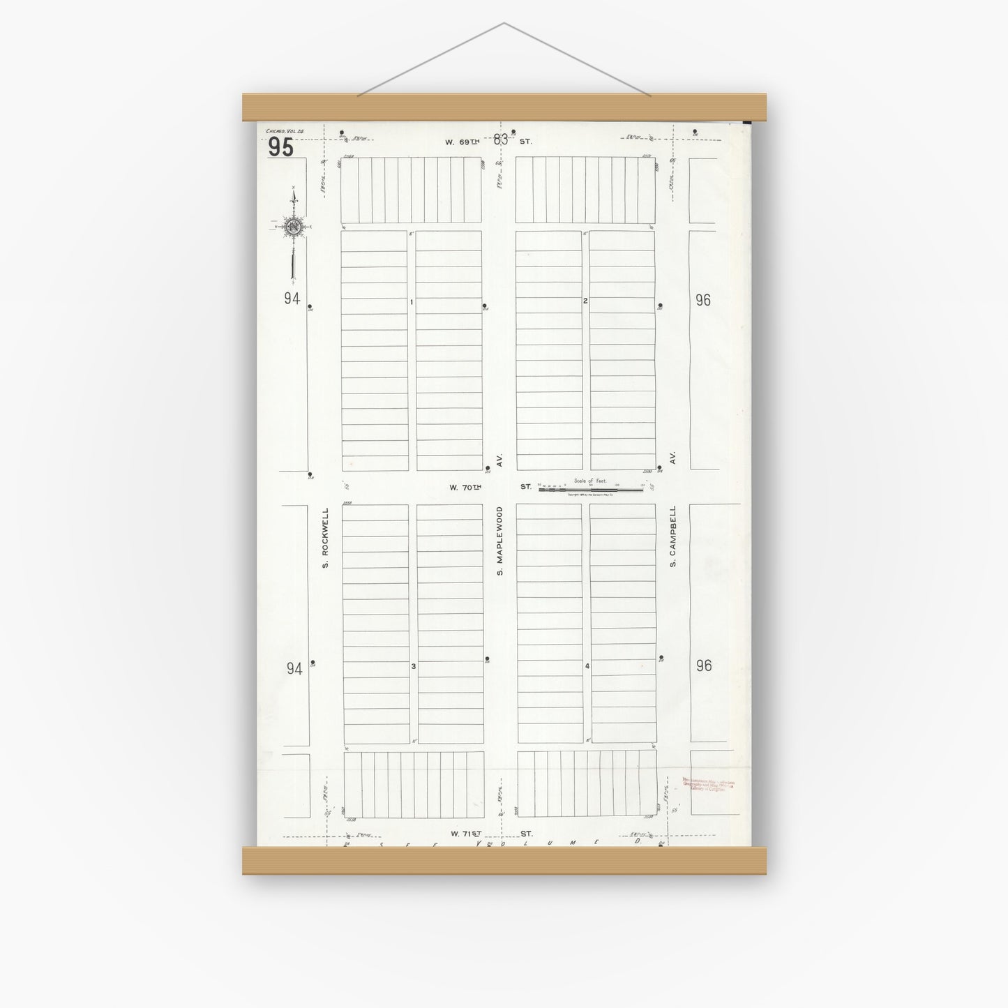 Old map wall art mockup — magnetic wood frame on white wall — Sanborn Fire Insurance Map from Chicago, Cook County, Illinois (1920), Sheet #0095