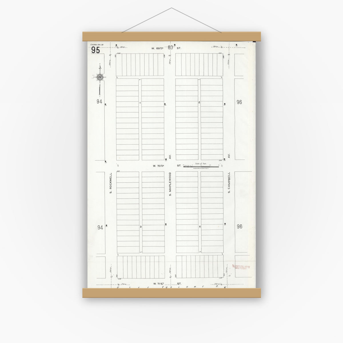 Old map wall art mockup — magnetic wood frame on white wall — Sanborn Fire Insurance Map from Chicago, Cook County, Illinois (1920), Sheet #0095