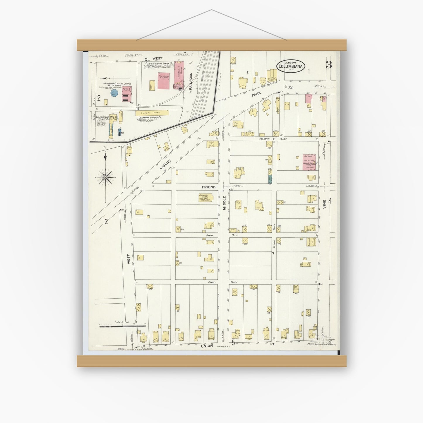 Old map wall art mockup — magnetic wood frame on white wall — Sanborn Fire Insurance Map from Columbiana, Columbiana County, Ohio (1909), Sheet #0003