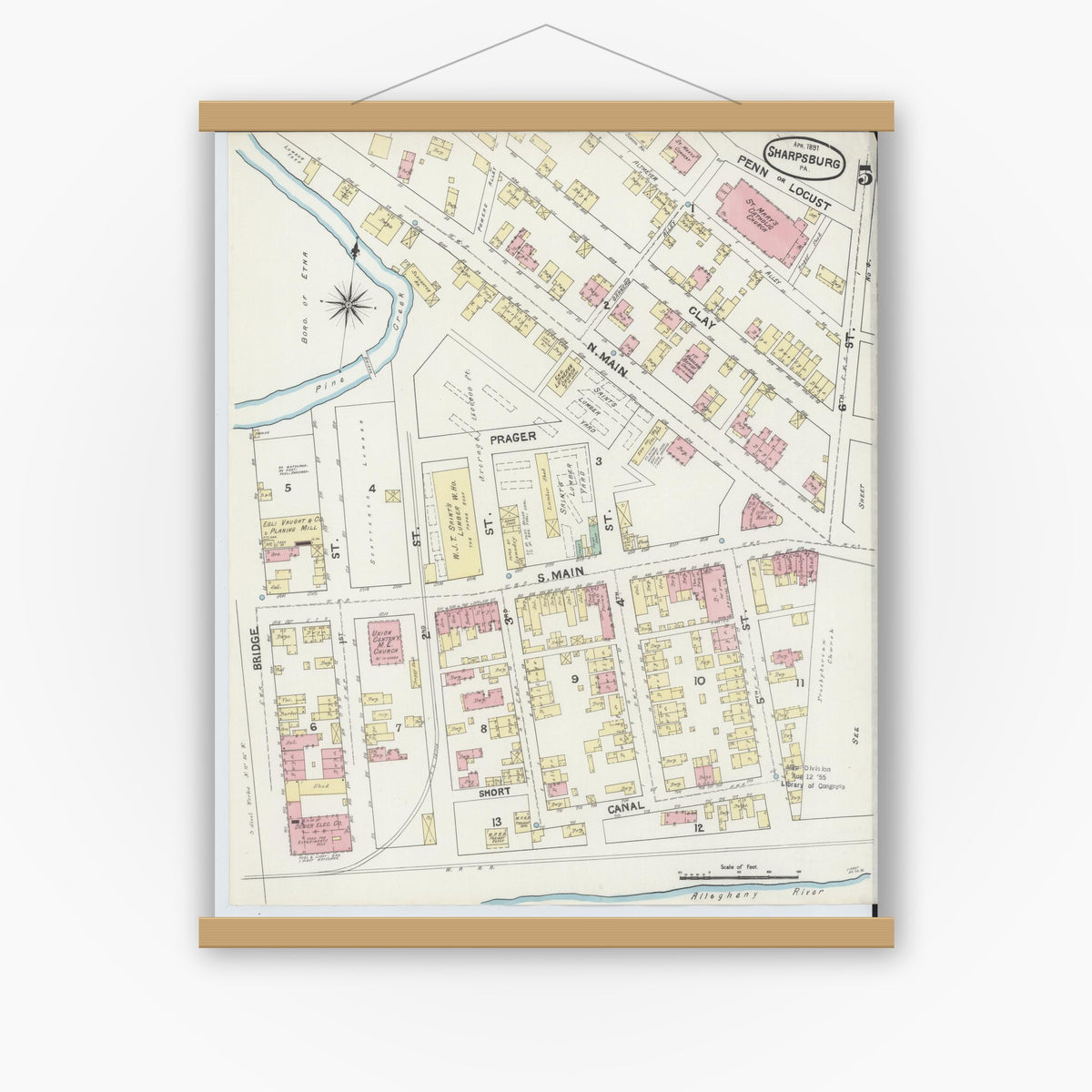 Old map wall art mockup — magnetic wood frame on white wall — Sanborn Fire Insurance Map from Sharpsburg, Allegheny County, Pennsylvania (1891), Sheet #0005