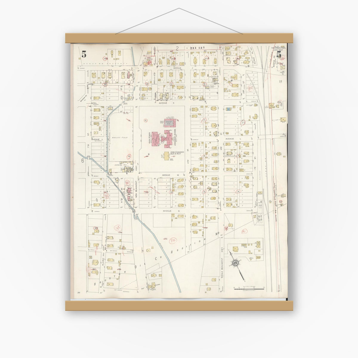 Old map wall art mockup — magnetic wood frame on white wall — Sanborn Fire Insurance Map from Silsbee, Hardin County, Texas (1942), Sheet #0005
