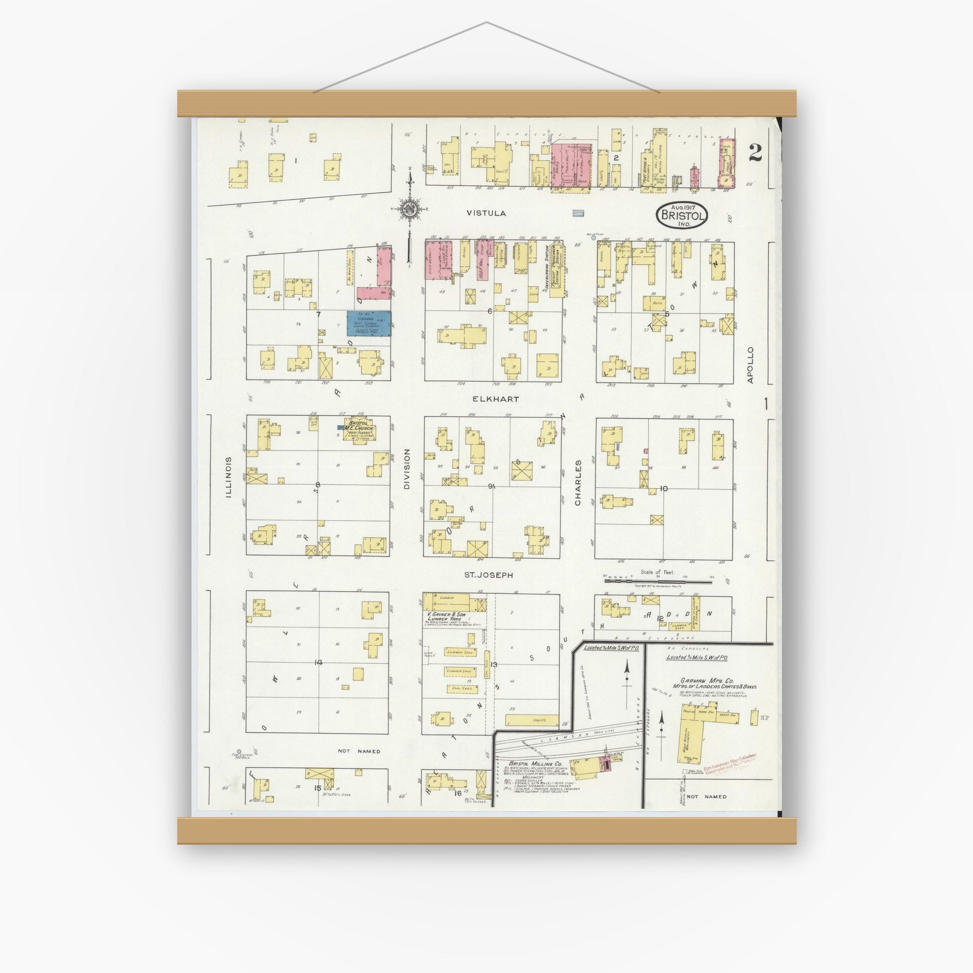 Old map wall art mockup — magnetic wood frame on white wall — Sanborn Fire Insurance Map from Bristol, Elkhart County, Indiana (1917), Sheet #0002
