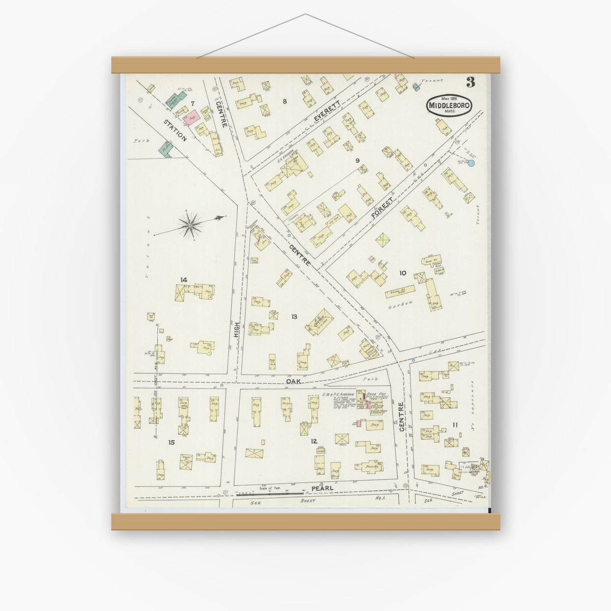 Old map wall art mockup — magnetic wood frame on white wall — Sanborn Fire Insurance Map from Middleboro, Plymouth County, Massachusetts (1891), Sheet #0003