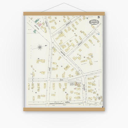 Old map wall art mockup — magnetic wood frame on white wall — Sanborn Fire Insurance Map from Middleboro, Plymouth County, Massachusetts (1891), Sheet #0003