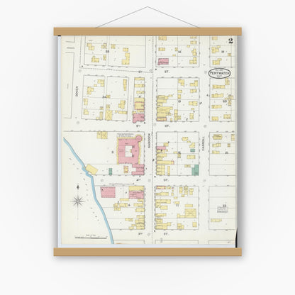 Old map wall art mockup — magnetic wood frame on white wall — Sanborn Fire Insurance Map from Pentwater, Oceana County, Michigan (1892), Sheet #0002
