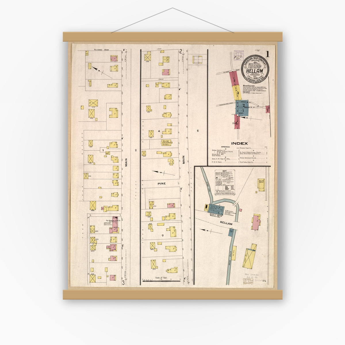 Old map wall art mockup — magnetic wood frame on white wall — Sanborn Fire Insurance Map from Hellam, York County, Pennsylvania (1908), Sheet #0001