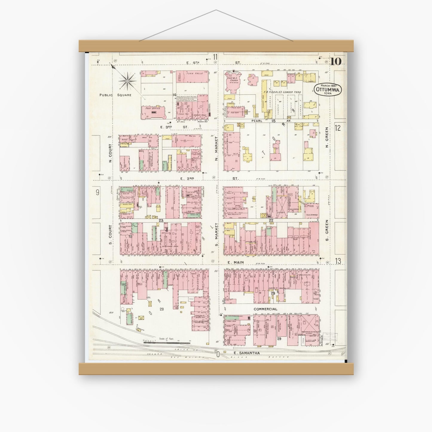 Old map wall art mockup — magnetic wood frame on white wall — Sanborn Fire Insurance Map from Ottumwa, Wapello County, Iowa (1897), Sheet #0010