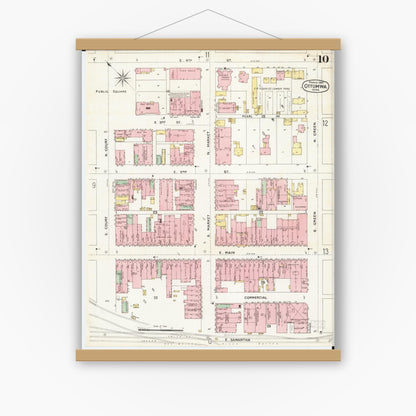 Old map wall art mockup — magnetic wood frame on white wall — Sanborn Fire Insurance Map from Ottumwa, Wapello County, Iowa (1897), Sheet #0010
