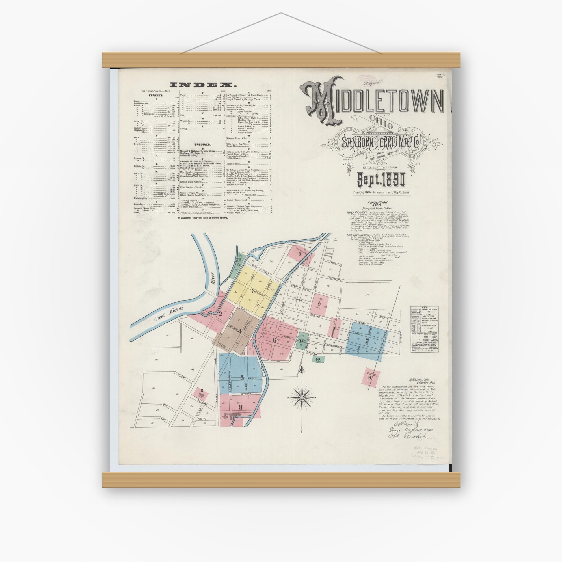 Old map wall art mockup — magnetic wood frame on white wall — Sanborn Fire Insurance Map from Middletown, Butler County, Ohio (1890), Sheet #0001