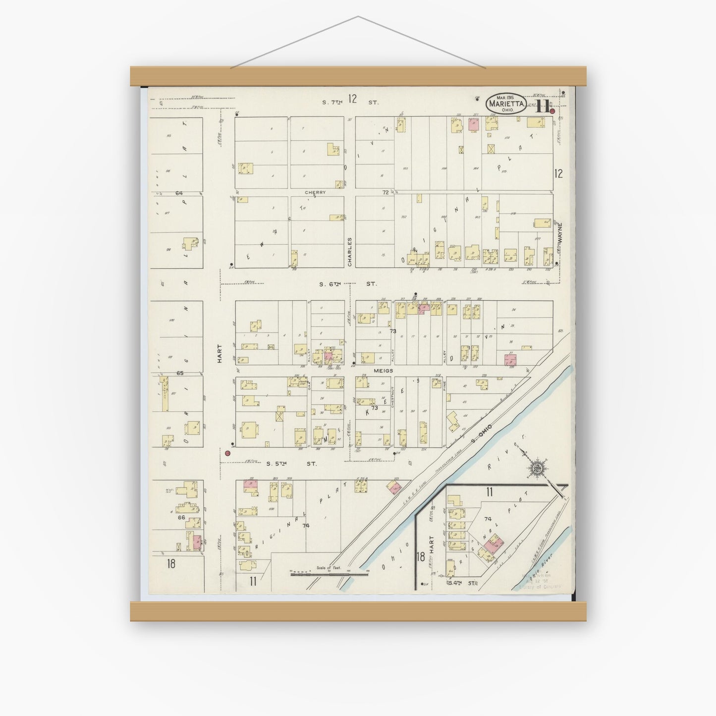 Old map wall art mockup — magnetic wood frame on white wall — Sanborn Fire Insurance Map from Marietta, Washington County, Ohio (1915), Sheet #0011