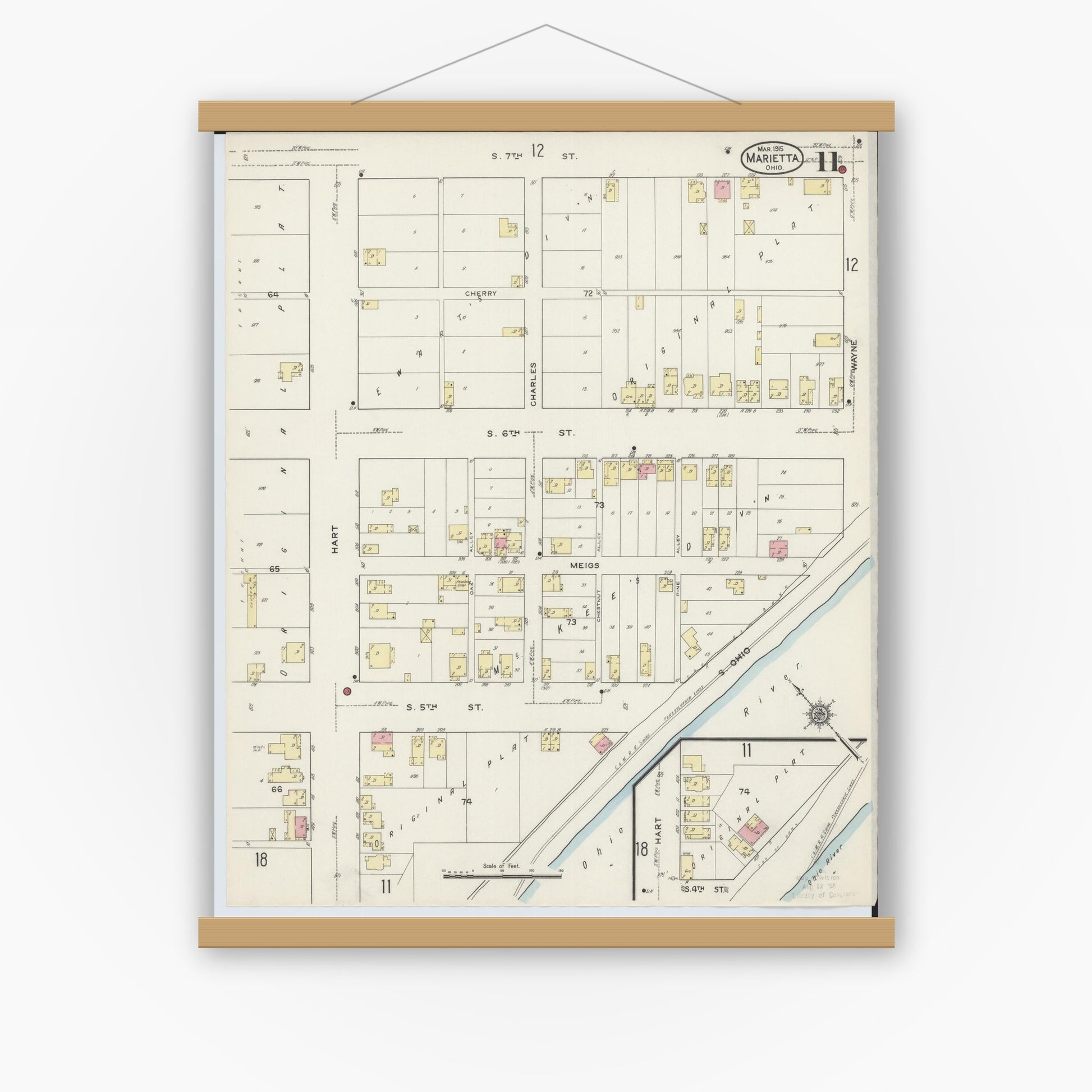 Old map wall art mockup — magnetic wood frame on white wall — Sanborn Fire Insurance Map from Marietta, Washington County, Ohio (1915), Sheet #0011