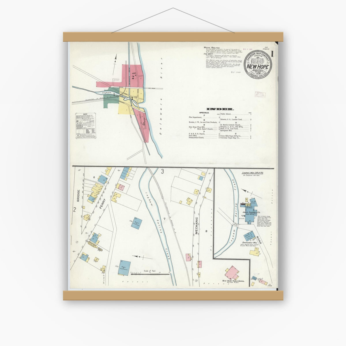 Old map wall art mockup — magnetic wood frame on white wall — Sanborn Fire Insurance Map from New Hope, Bucks County, Pennsylvania (1909), Sheet #0001