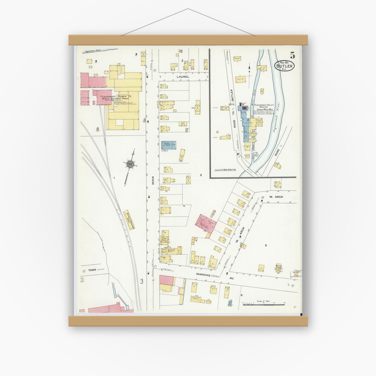 Old map wall art mockup — magnetic wood frame on white wall — Sanborn Fire Insurance Map from Butler, Morris County, New Jersey (1911), Sheet #0005