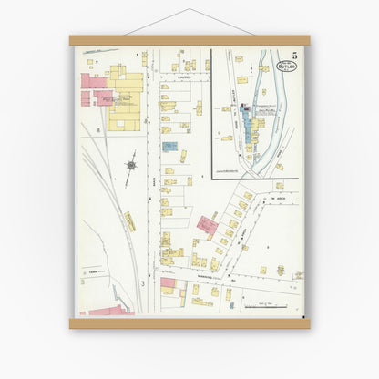 Old map wall art mockup — magnetic wood frame on white wall — Sanborn Fire Insurance Map from Butler, Morris County, New Jersey (1911), Sheet #0005