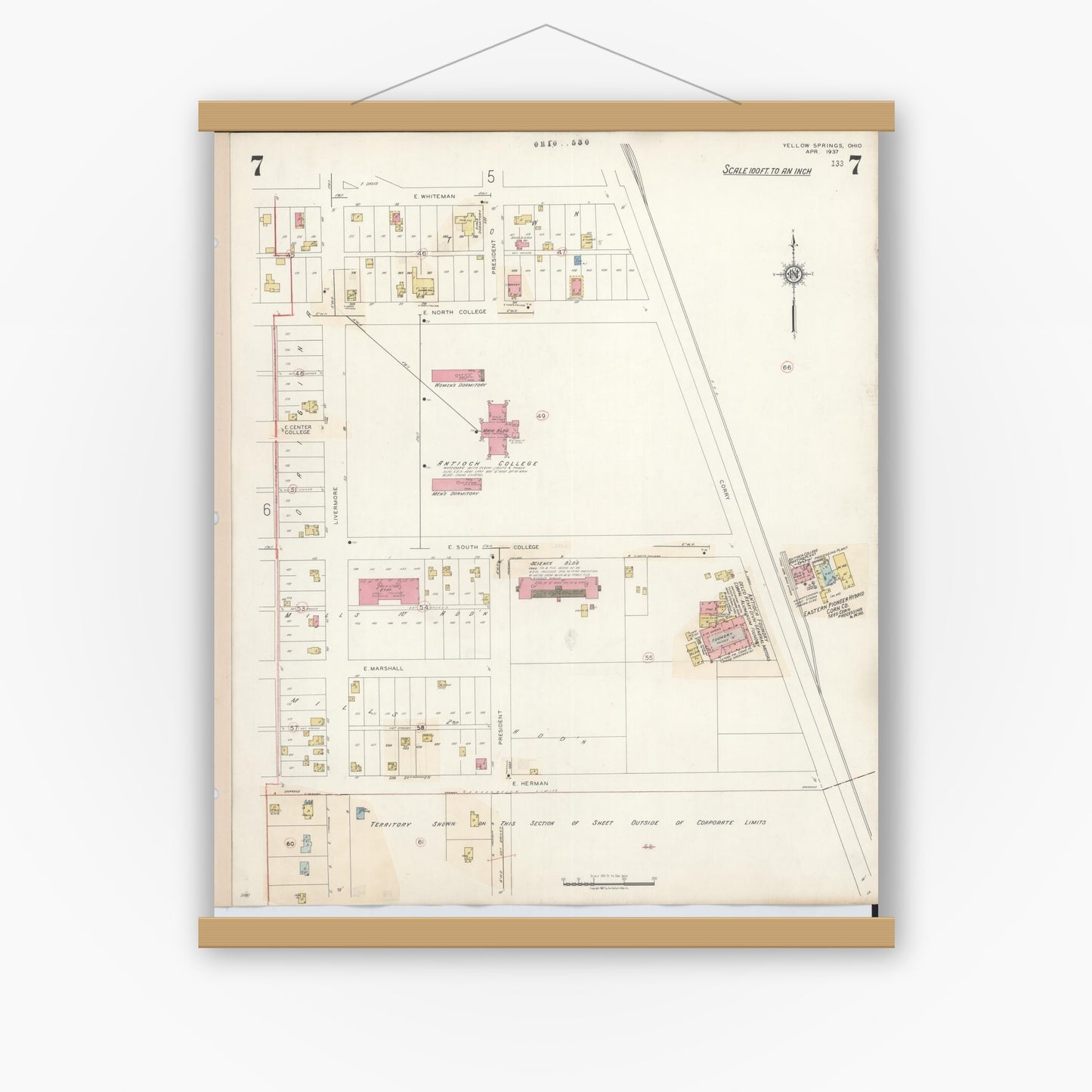 Old map wall art mockup — magnetic wood frame on white wall — Sanborn Fire Insurance Map from Yellow Springs, Greene County, Ohio (1945), Sheet #0007