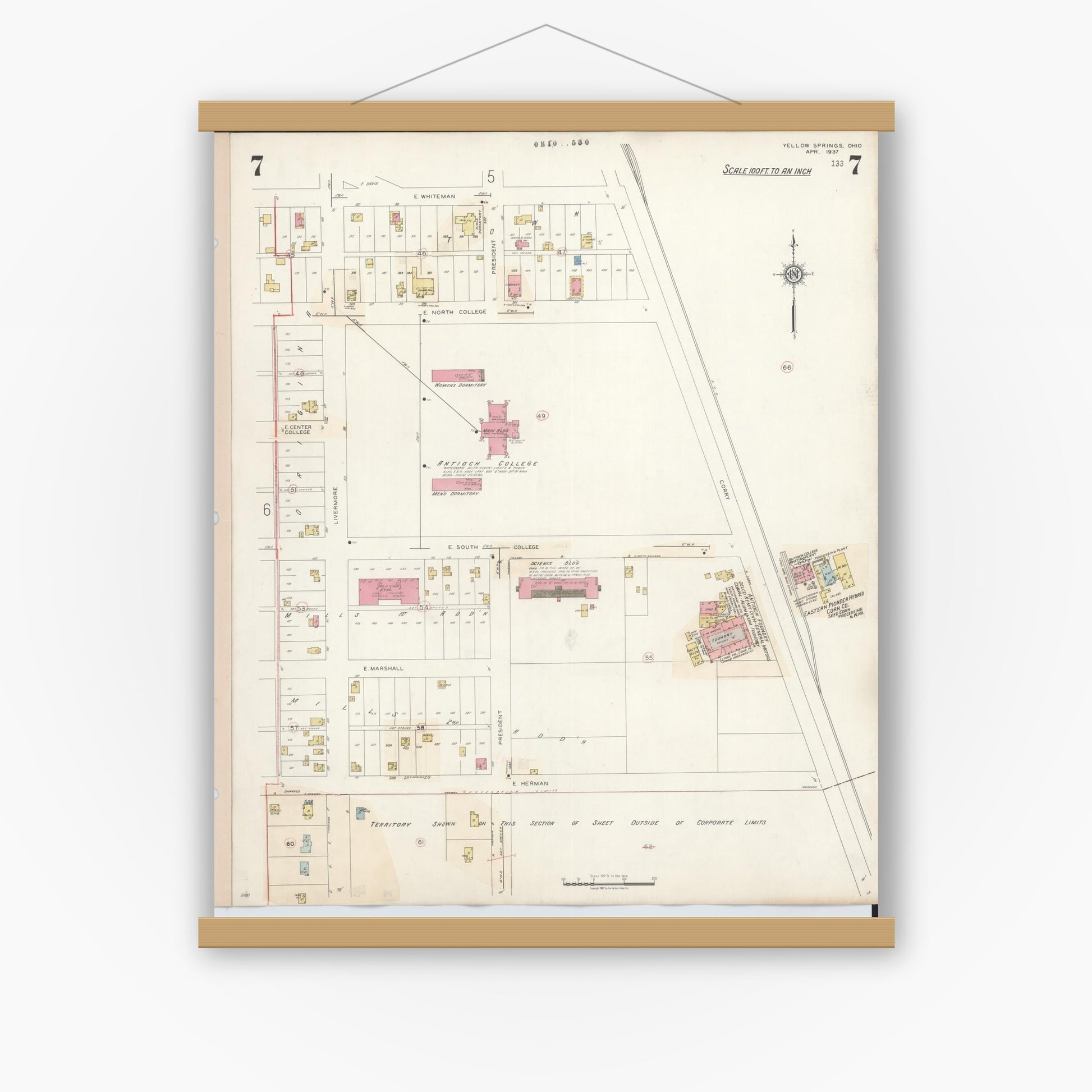 Old map wall art mockup — magnetic wood frame on white wall — Sanborn Fire Insurance Map from Yellow Springs, Greene County, Ohio (1945), Sheet #0007