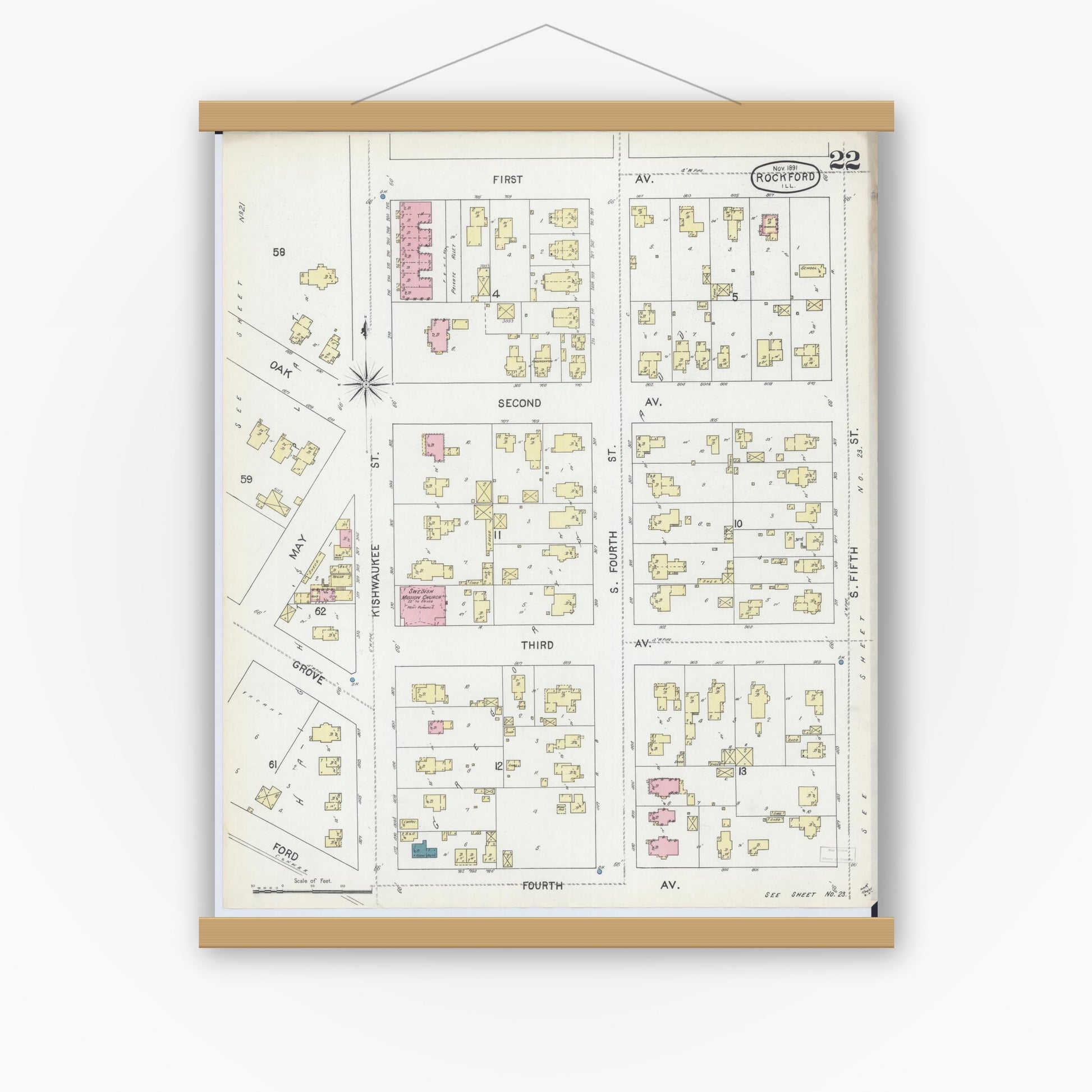 Old map wall art mockup — magnetic wood frame on white wall — Sanborn Fire Insurance Map from Rockford, Winnebago County, Illinois (1891), Sheet #0022