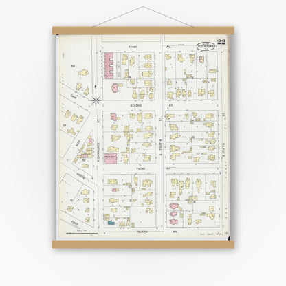 Old map wall art mockup — magnetic wood frame on white wall — Sanborn Fire Insurance Map from Rockford, Winnebago County, Illinois (1891), Sheet #0022