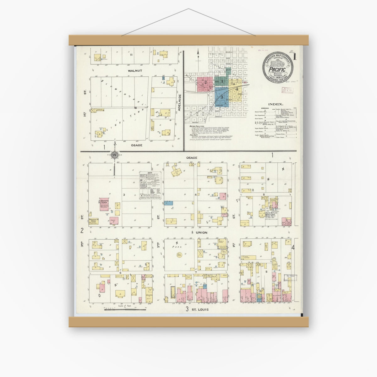 Old map wall art mockup — magnetic wood frame on white wall — Sanborn Fire Insurance Map from Pacific, Franklin County, Missouri (1909) - Complete Map Set