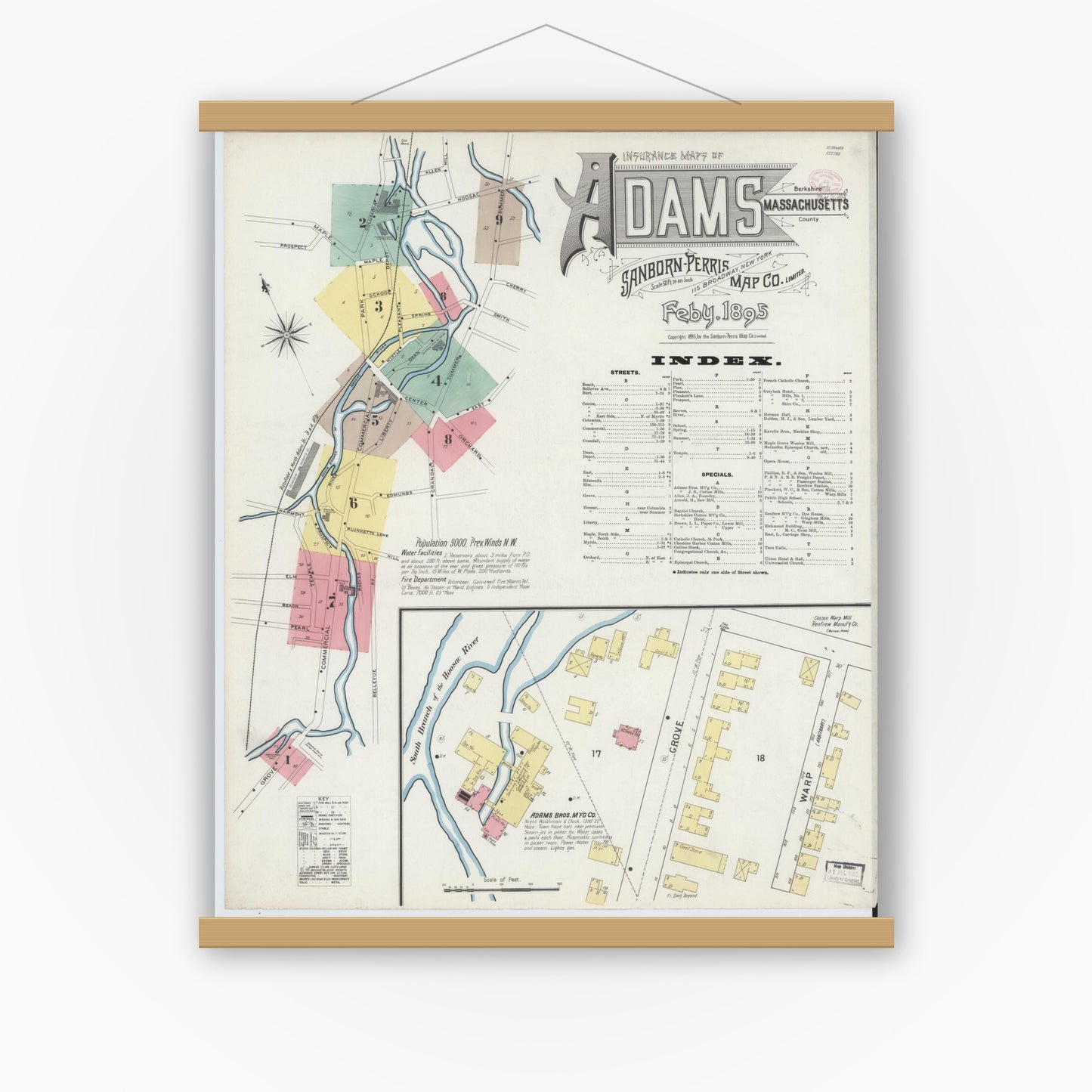 Old map wall art mockup — magnetic wood frame on white wall — Sanborn Fire Insurance Map from Adams, Berkshire County, Massachusetts (1895), Sheet #0001