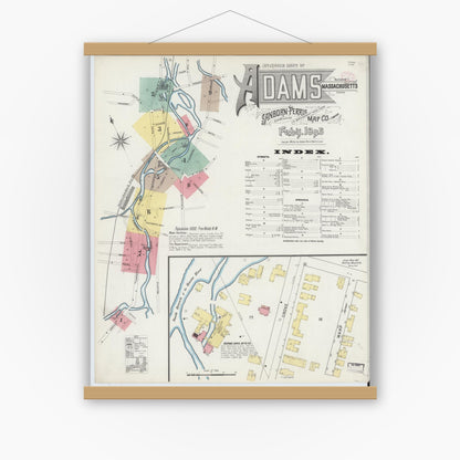 Old map wall art mockup — magnetic wood frame on white wall — Sanborn Fire Insurance Map from Adams, Berkshire County, Massachusetts (1895), Sheet #0001