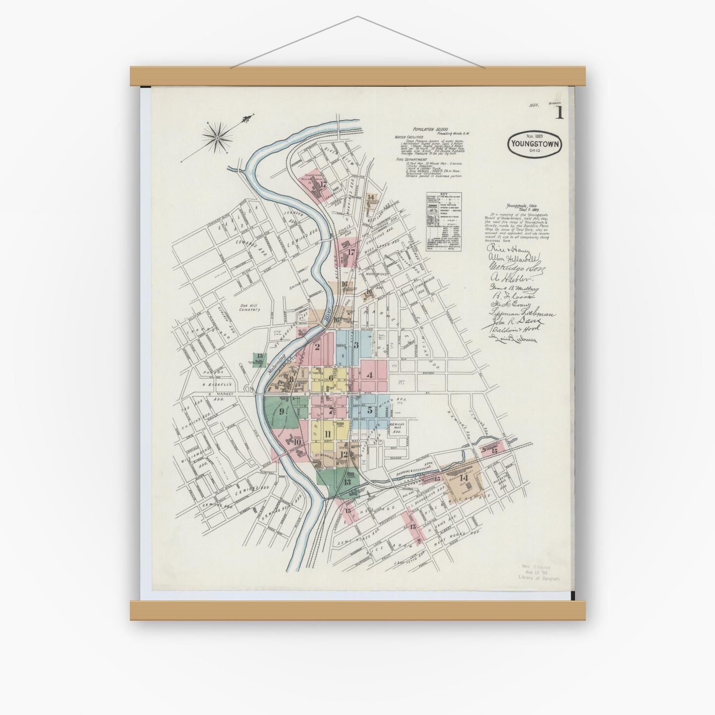 Old map wall art mockup — magnetic wood frame on white wall — Sanborn Fire Insurance Map from Youngstown, Mahoning County, Ohio (1889) - Complete Map Set