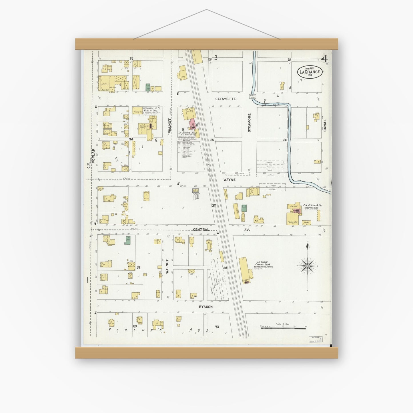 Old map wall art mockup — magnetic wood frame on white wall — Sanborn Fire Insurance Map from Lagrange, LaGrange County, Indiana (1901), Sheet #0004