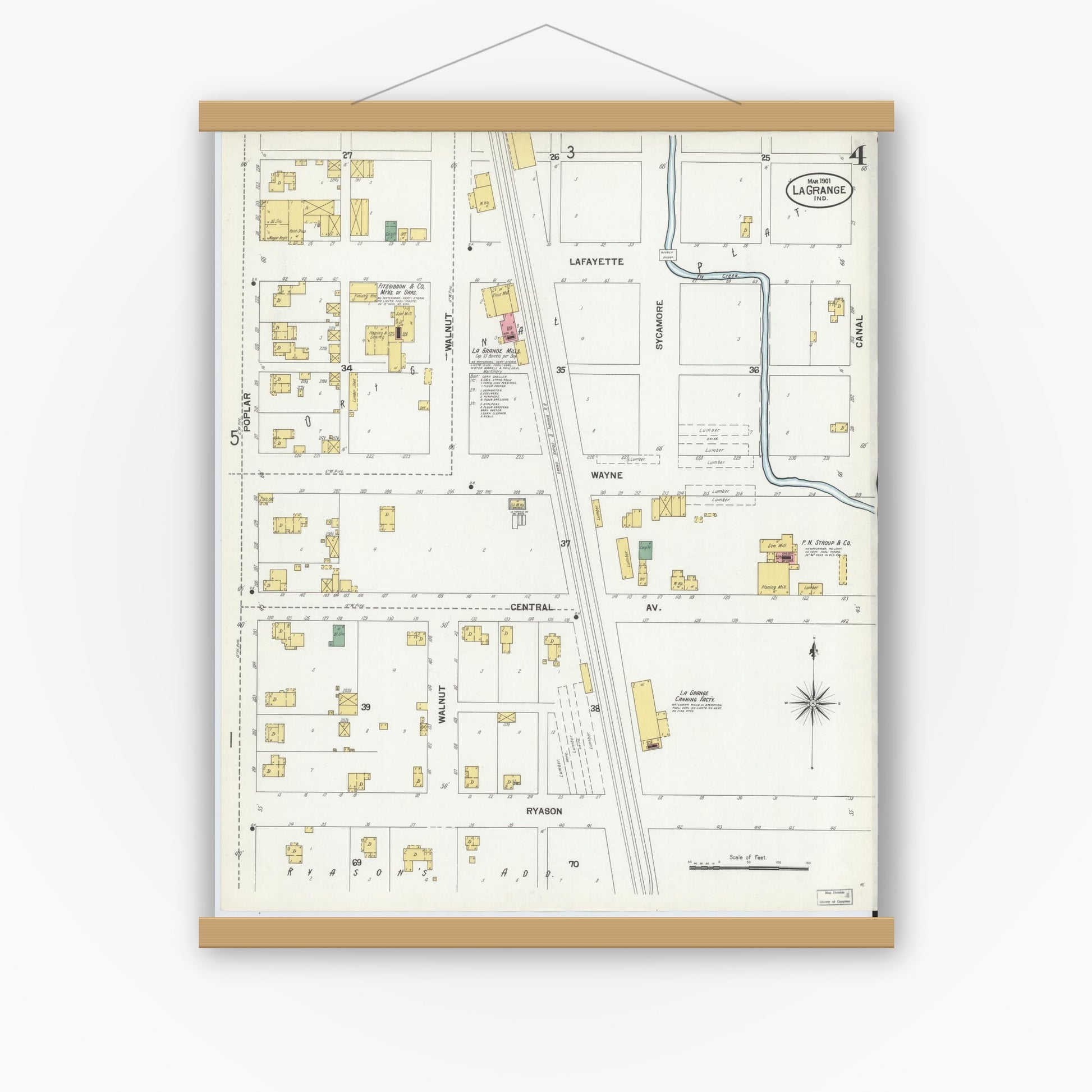 Old map wall art mockup — magnetic wood frame on white wall — Sanborn Fire Insurance Map from Lagrange, LaGrange County, Indiana (1901), Sheet #0004