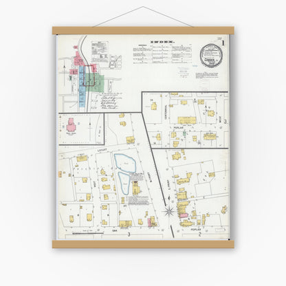 Old map wall art mockup — magnetic wood frame on white wall — Sanborn Fire Insurance Map from Cobden, Union County, Illinois (1900), Sheet #0001
