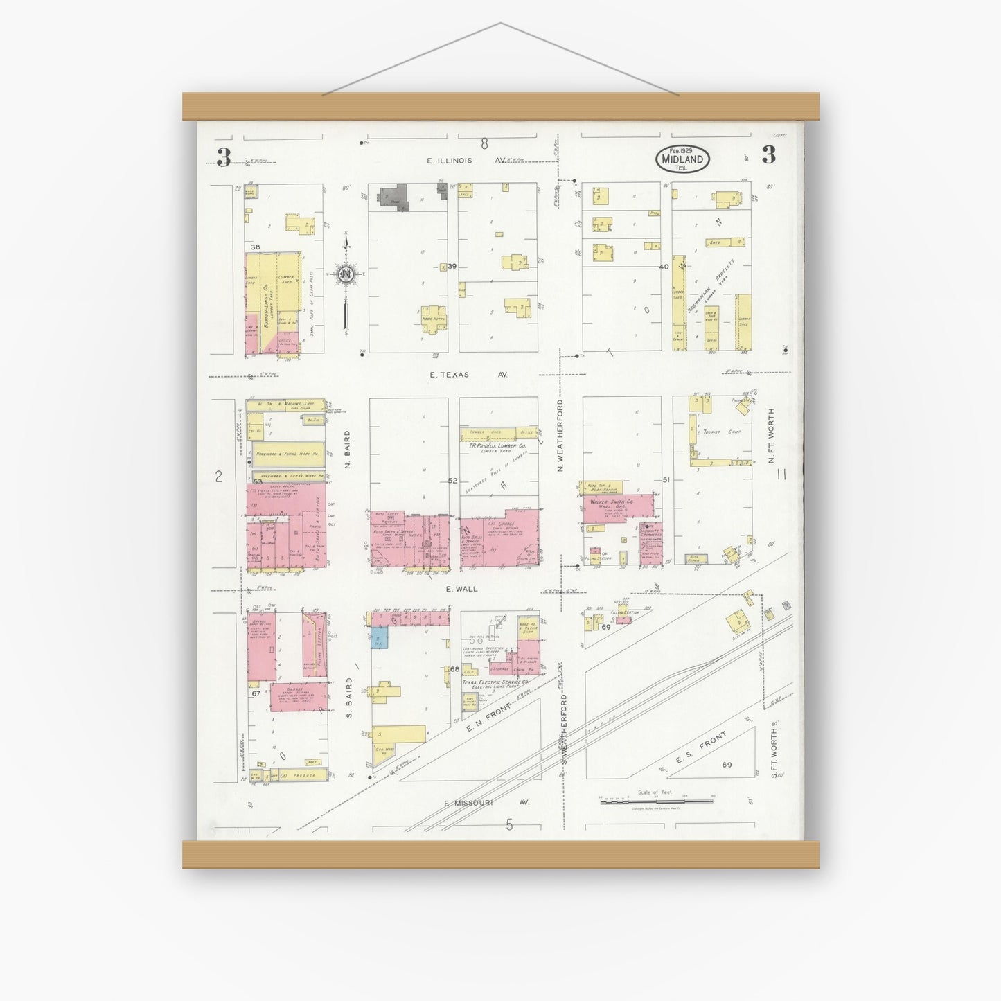 Old map wall art mockup — magnetic wood frame on white wall — Sanborn Fire Insurance Map from Midland, Midland County, Texas (1929), Sheet #0003