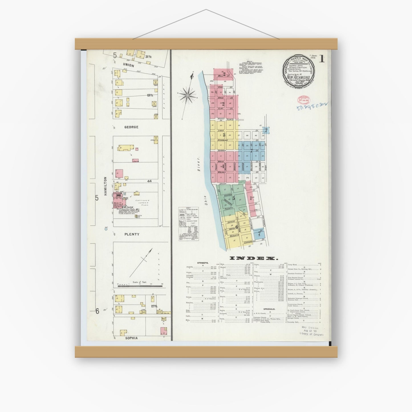 Old map wall art mockup — magnetic wood frame on white wall — Sanborn Fire Insurance Map from New Richmond, Clermont County, Ohio (1897), Sheet #0001