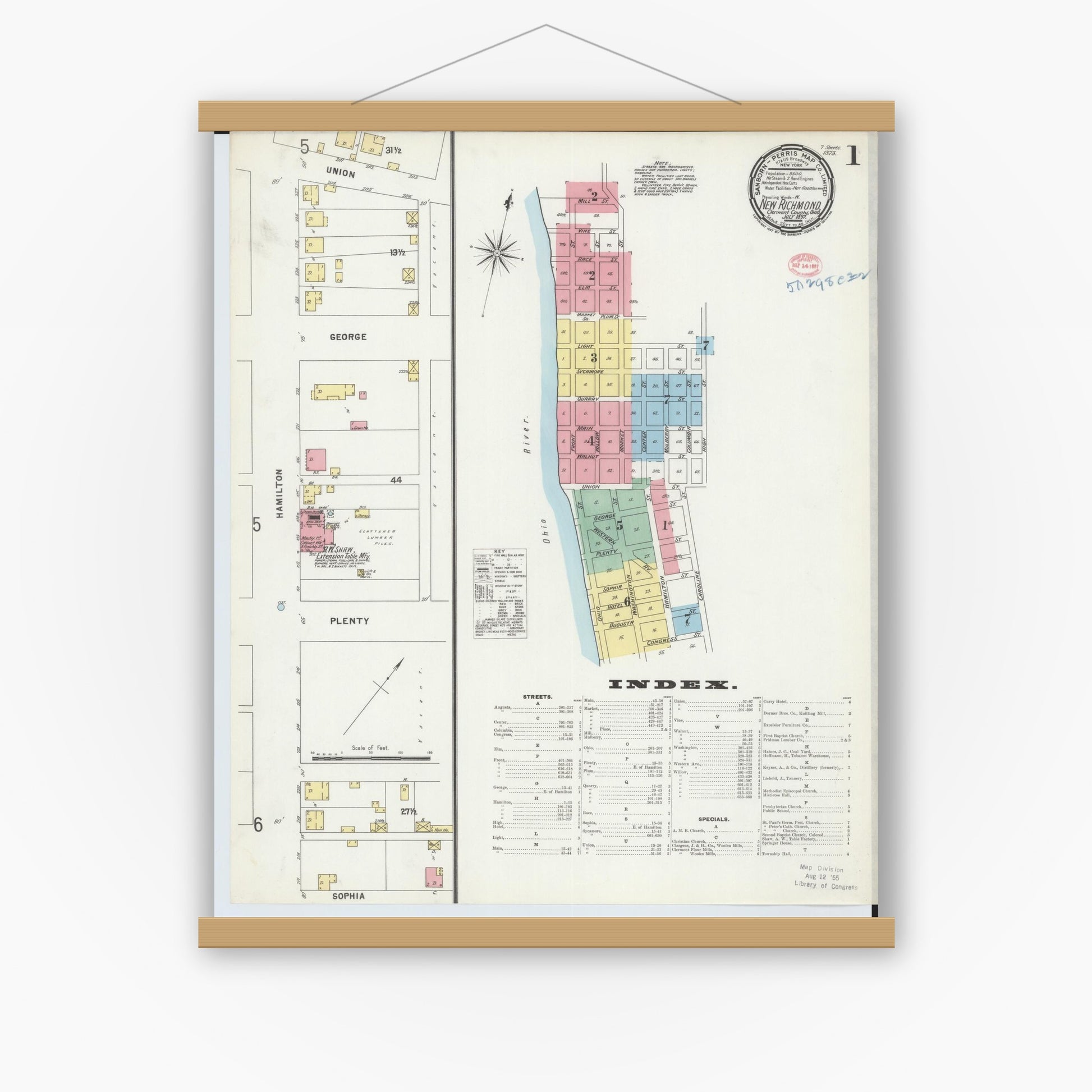 Old map wall art mockup — magnetic wood frame on white wall — Sanborn Fire Insurance Map from New Richmond, Clermont County, Ohio (1897), Sheet #0001