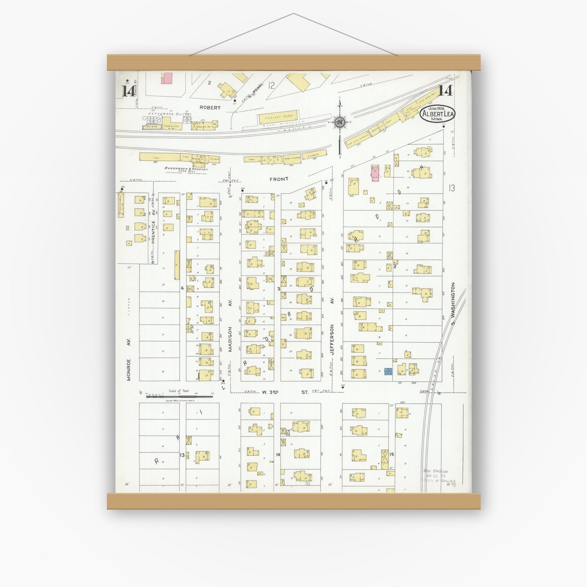 Old map wall art mockup — magnetic wood frame on white wall — Sanborn Fire Insurance Map from Albert Lea, Freeborn County, Minnesota (1926), Sheet #0014