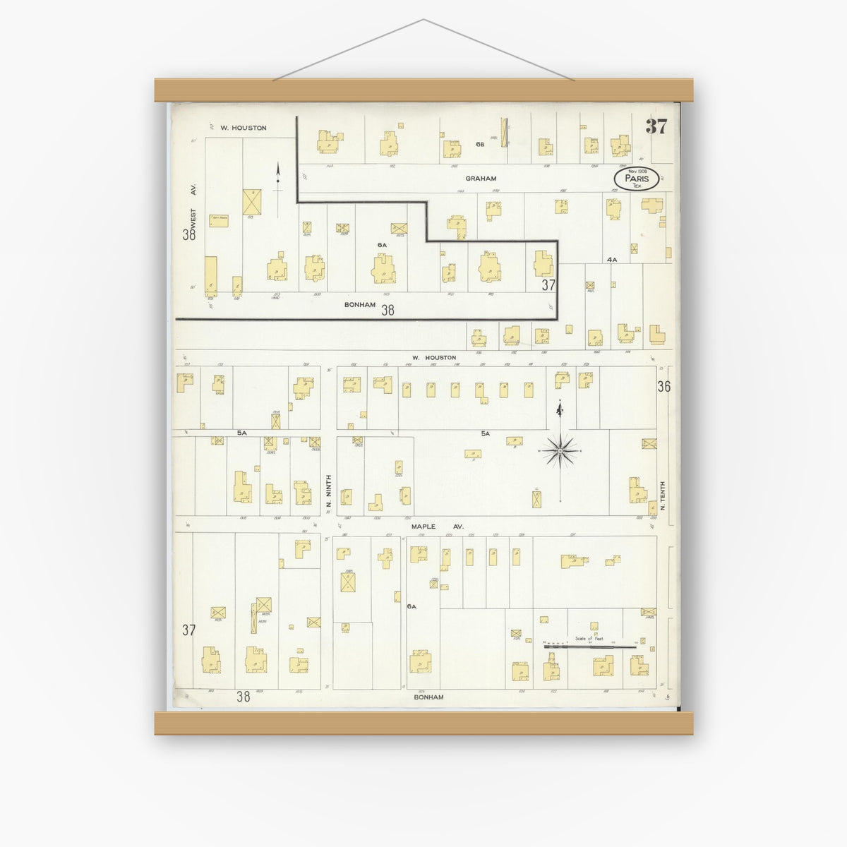 Old map wall art mockup — magnetic wood frame on white wall — Sanborn Fire Insurance Map from Paris, Lamar County, Texas (1908), Sheet #0037