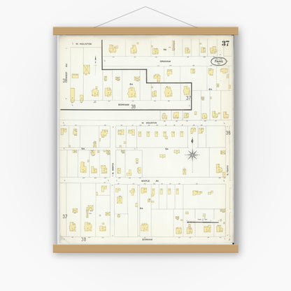 Old map wall art mockup — magnetic wood frame on white wall — Sanborn Fire Insurance Map from Paris, Lamar County, Texas (1908), Sheet #0037