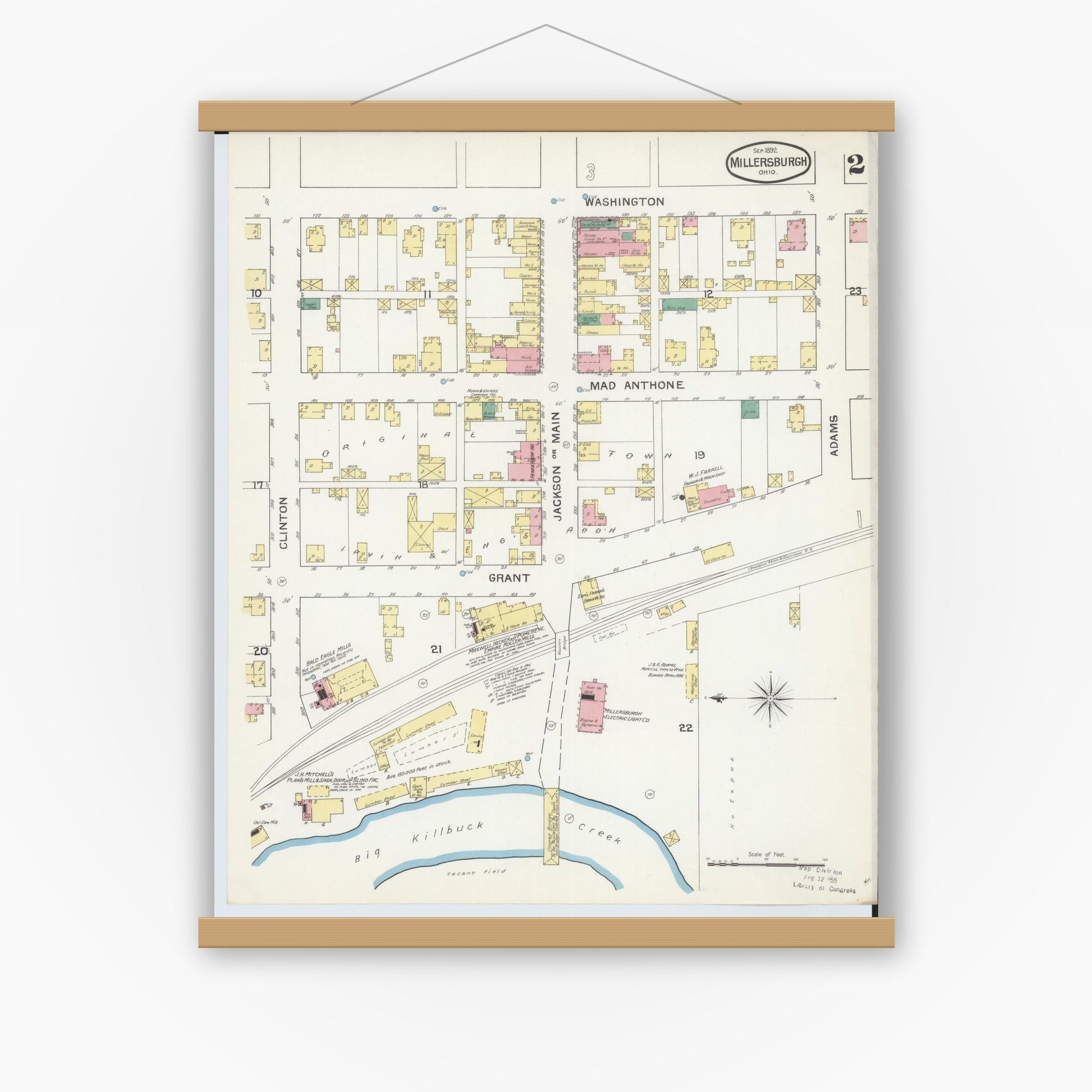 Old map wall art mockup — magnetic wood frame on white wall — Sanborn Fire Insurance Map from Millersburg, Holmes County, Ohio (1892), Sheet #0002
