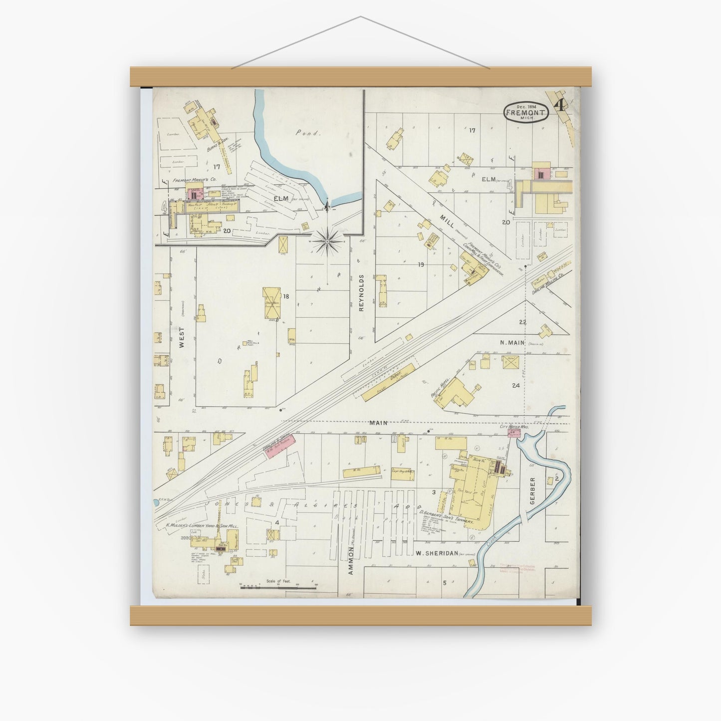 Old map wall art mockup — magnetic wood frame on white wall — Sanborn Fire Insurance Map from Fremont, Newaygo County, Michigan (1894), Sheet #0004