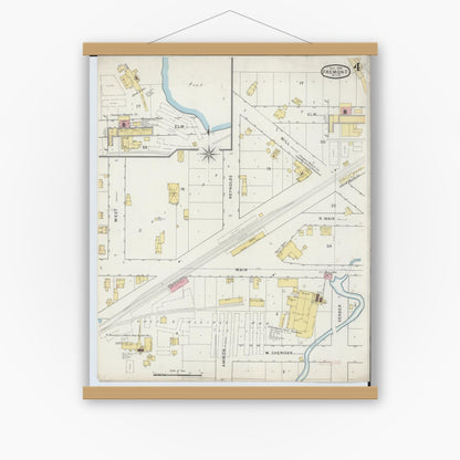 Old map wall art mockup — magnetic wood frame on white wall — Sanborn Fire Insurance Map from Fremont, Newaygo County, Michigan (1894), Sheet #0004