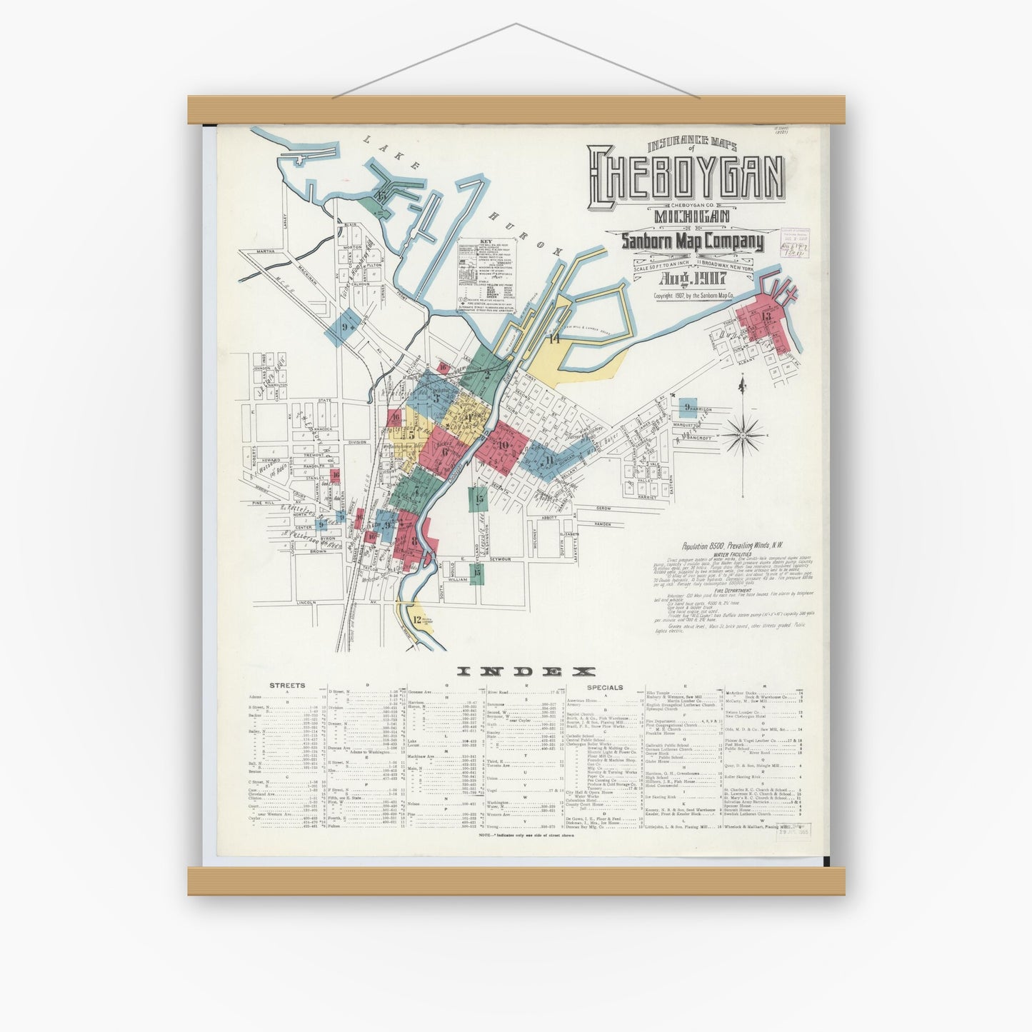 Old map wall art mockup — magnetic wood frame on white wall — Sanborn Fire Insurance Map from Cheboygan, Cheboygan County, Michigan (1907) - Complete Map Set