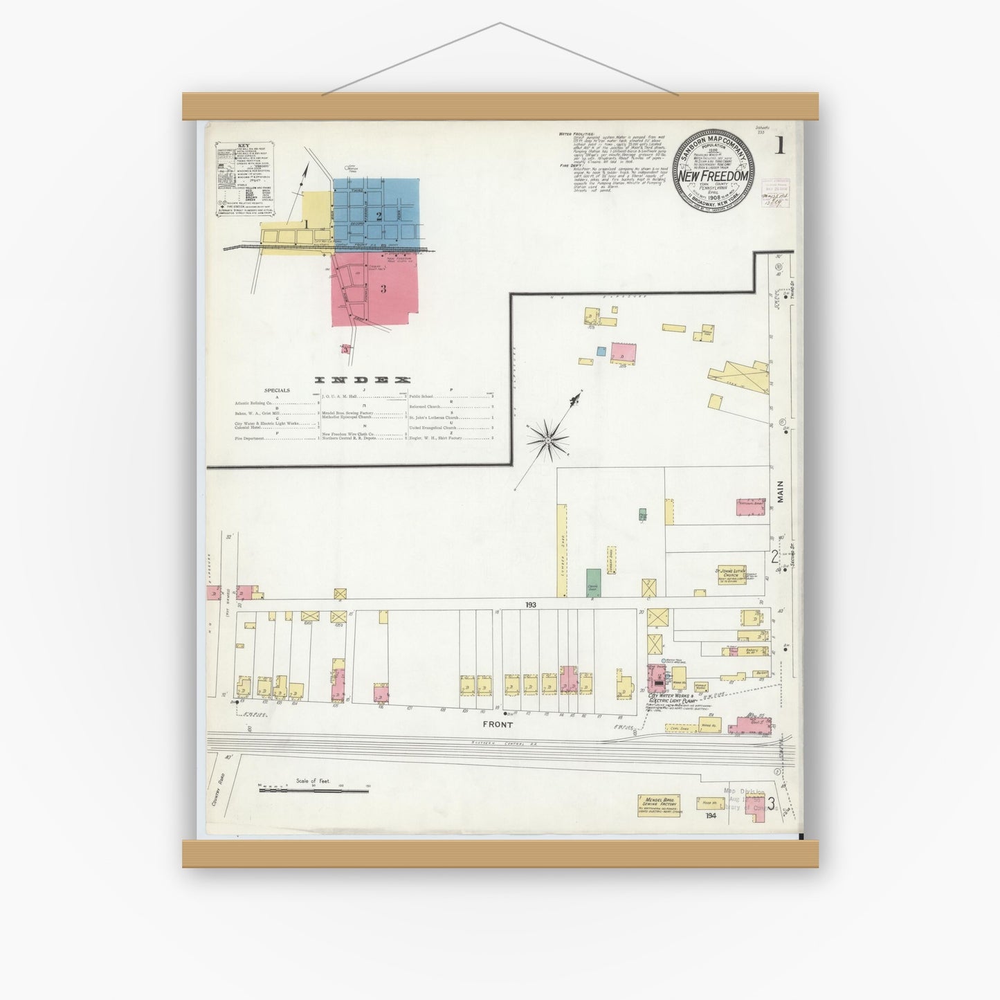 Old map wall art mockup — magnetic wood frame on white wall — Sanborn Fire Insurance Map from New Freedom, York County, Pennsylvania (1908) - Complete Map Set