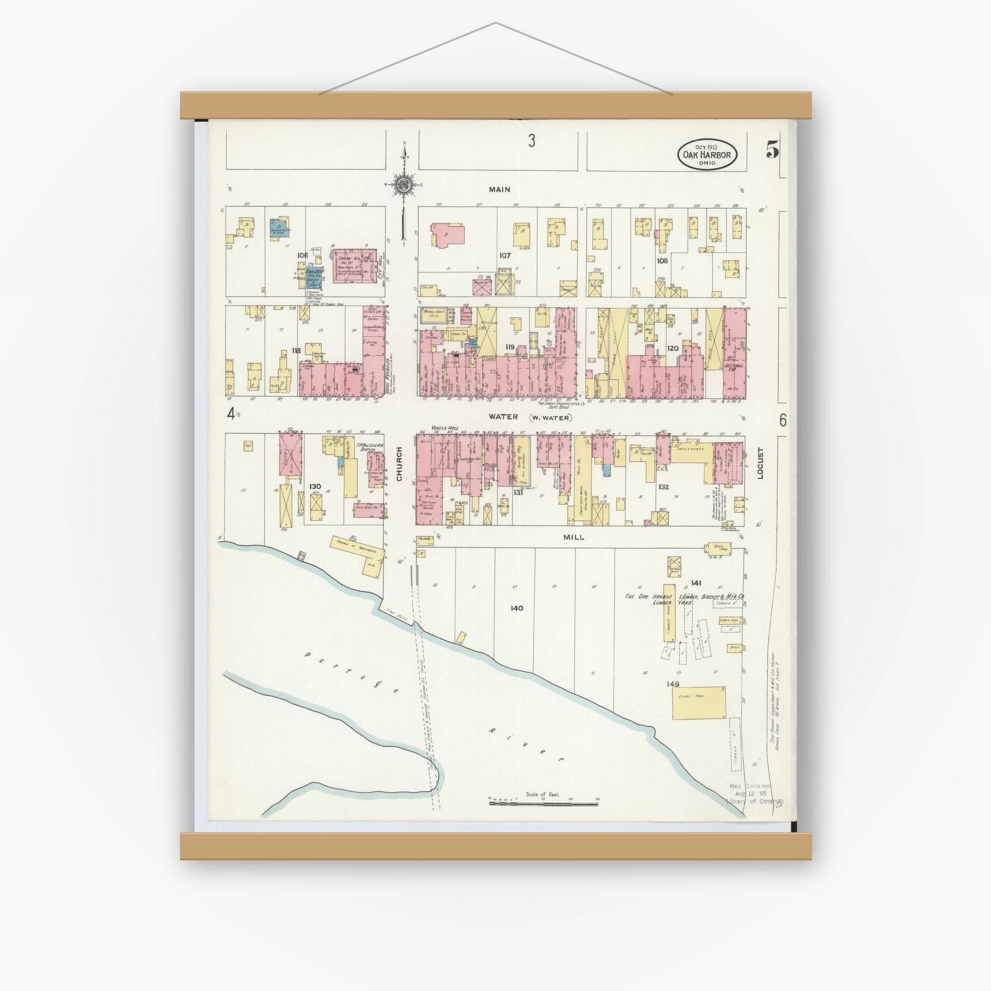 Old map wall art mockup — magnetic wood frame on white wall — Sanborn Fire Insurance Map from Oak Harbor, Ottawa County, Ohio (1910), Sheet #0005