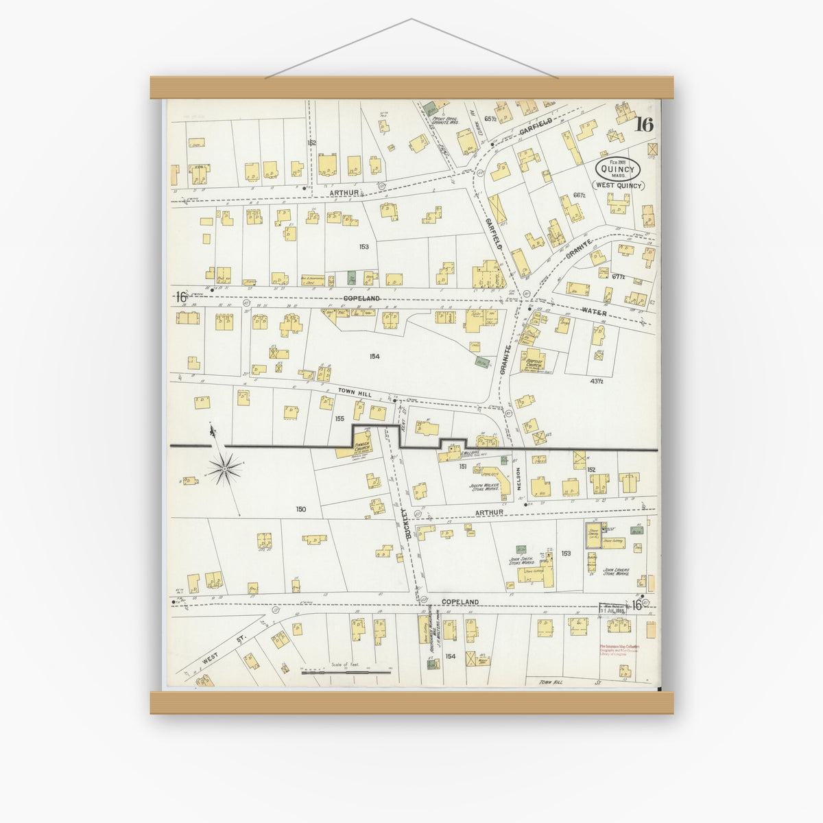 Old map wall art mockup — magnetic wood frame on white wall — Sanborn Fire Insurance Map from Quincy, Norfolk County, Massachusetts (1901), Sheet #0016