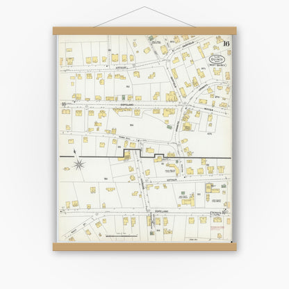 Old map wall art mockup — magnetic wood frame on white wall — Sanborn Fire Insurance Map from Quincy, Norfolk County, Massachusetts (1901), Sheet #0016