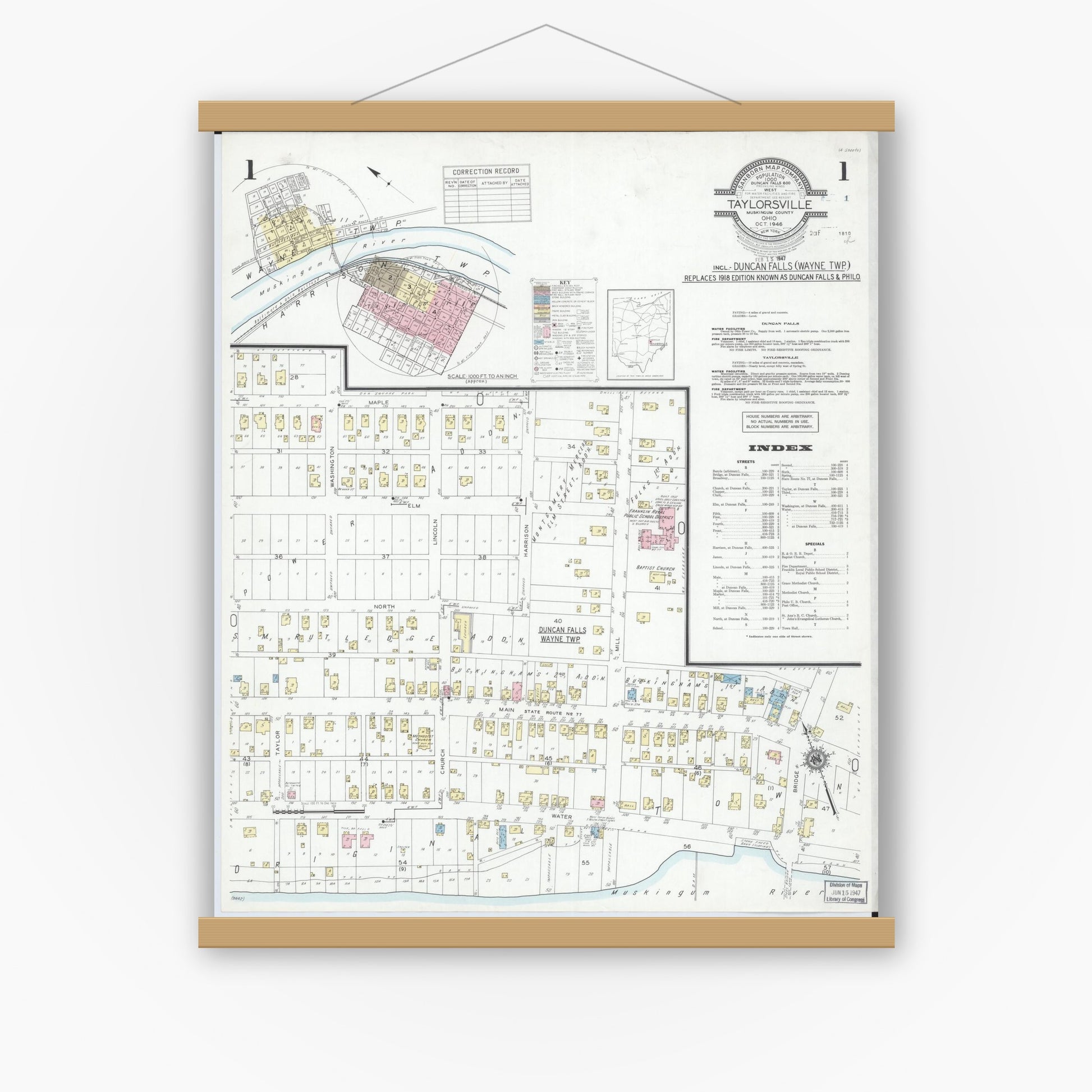 Old map wall art mockup — magnetic wood frame on white wall — Sanborn Fire Insurance Map from Taylorsville, Muskingum County, Ohio (1946), Sheet #0001